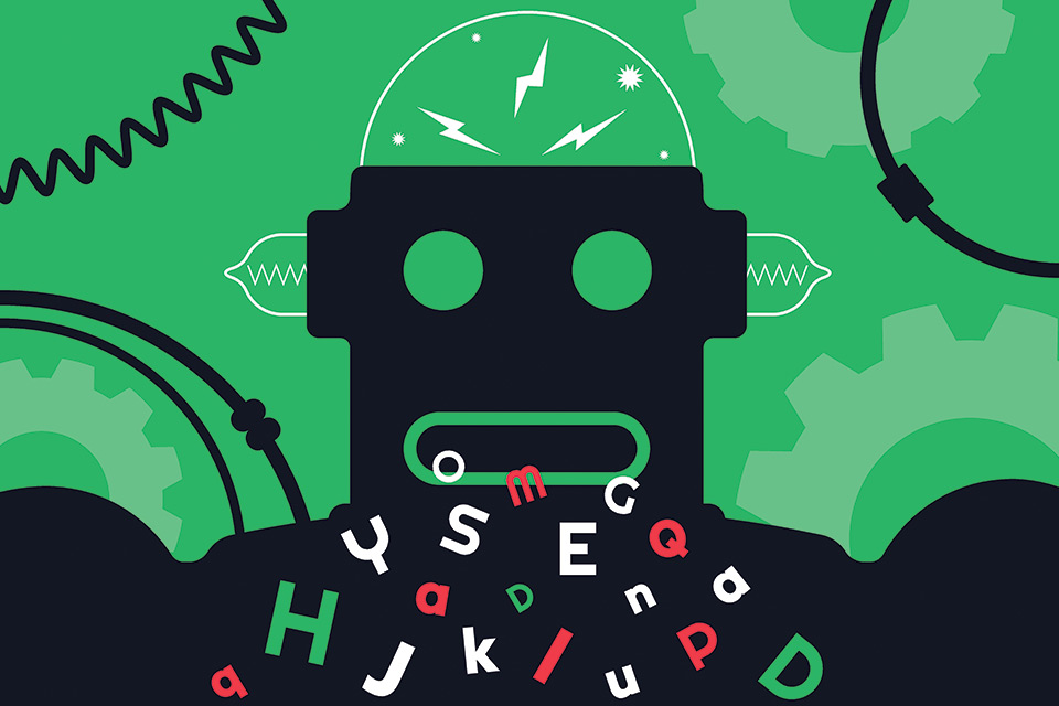 An illustration of a vintage robot generating text coming out of its mouth