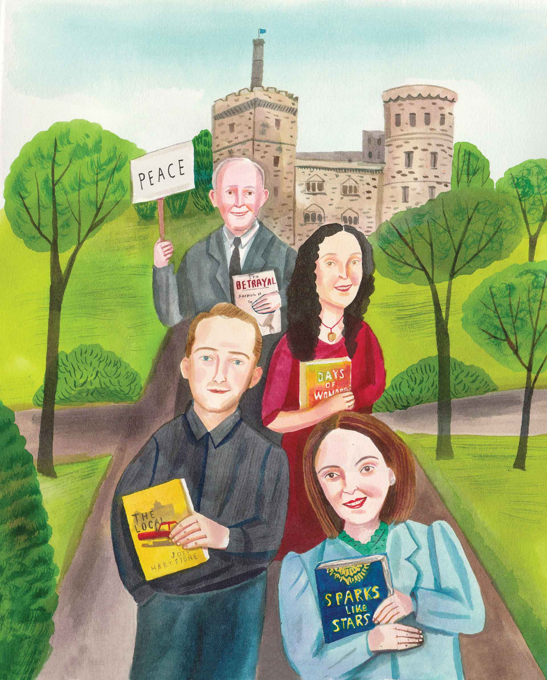 Illustration of 4 people holding different books standing in front of the Castle at Brandeis