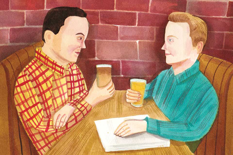 Illustration of 2 people sitting in a restaurant booth drinking beer