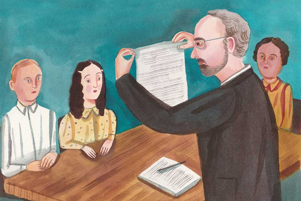 Illustration of a professor holding up a paper in front of three students