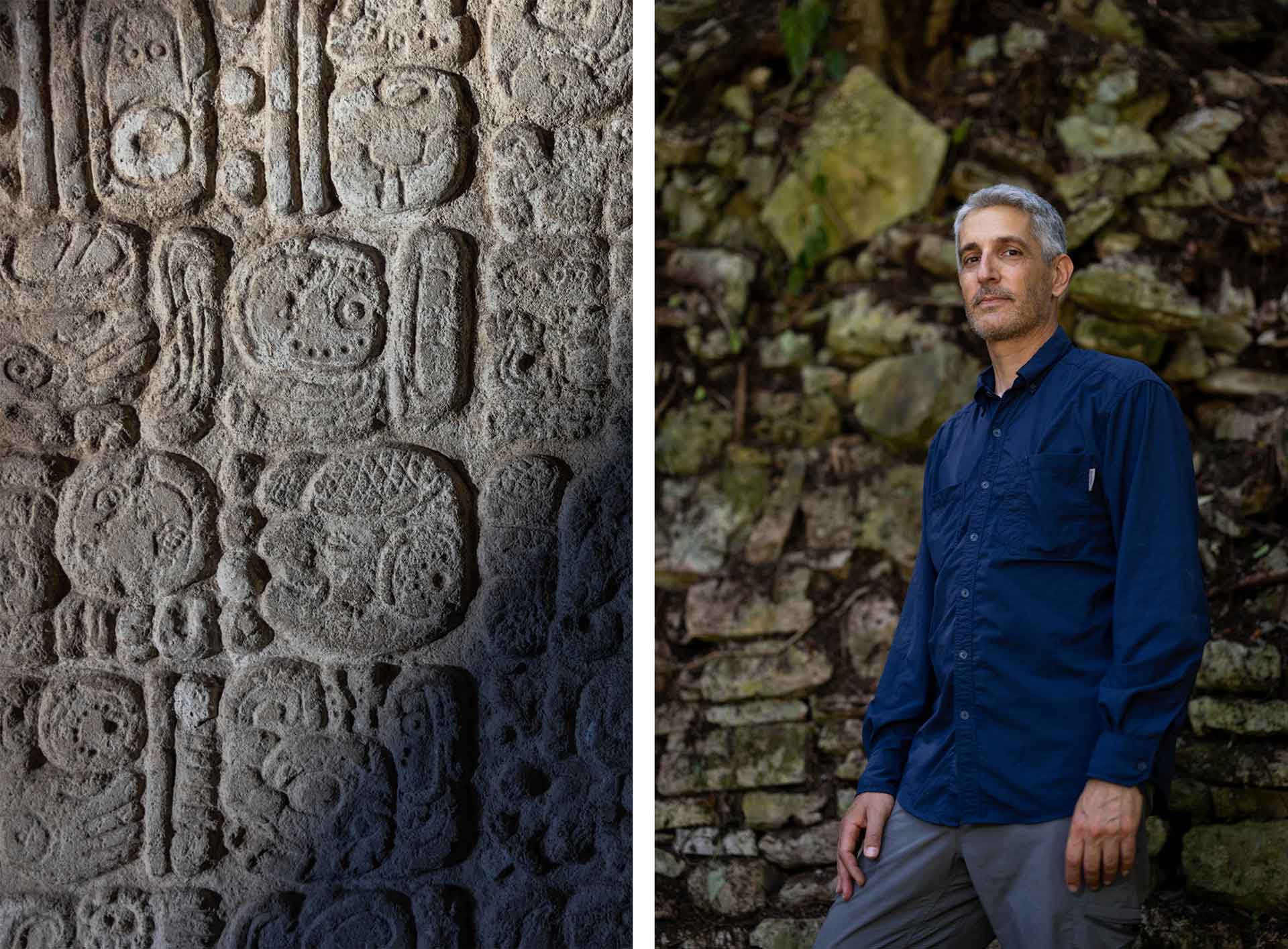 Two images side-by-side: a limestone stela on the left and Charles Golden on the right
