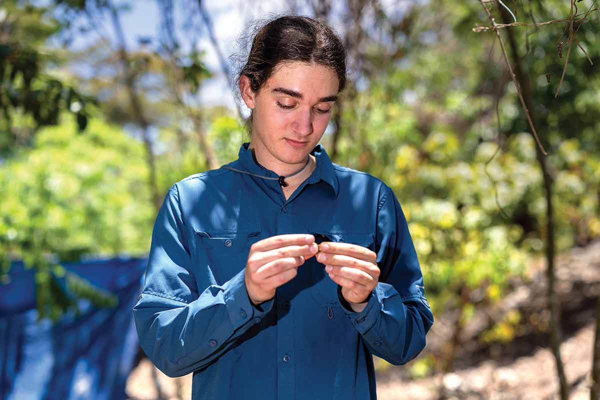 Charles looks down at an object in his hands