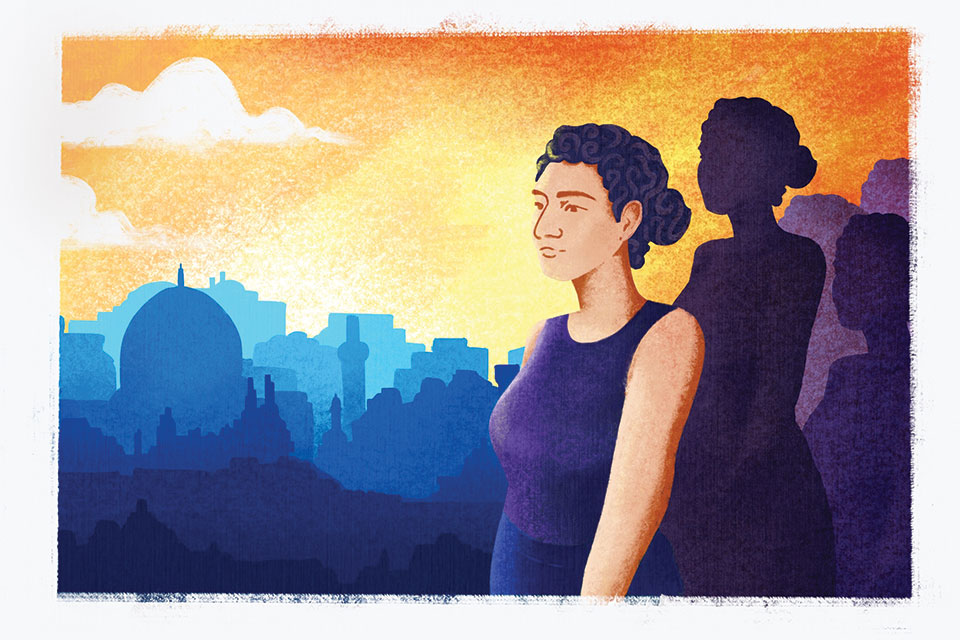 Illustration of a woman and others looking at the silhouette of Israel