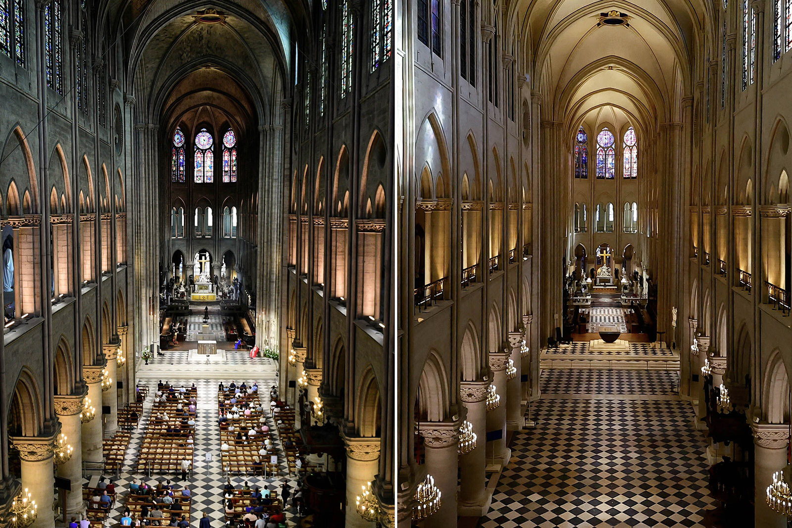 The Notre-Dame cathedral before and after the fire.