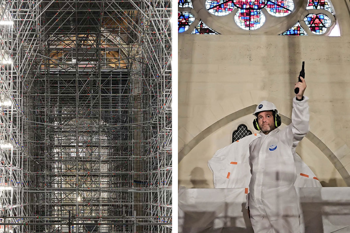 Right: Scaffolding inside of the Notre-Dame cathedral. Left: A person dressed in white protective clothing points a starter pistol in the air.