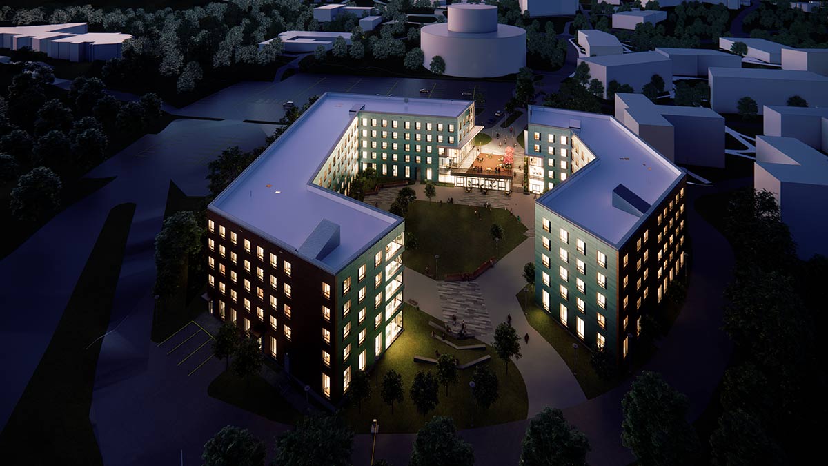 A rendering of the new residence hall from the south side of campus.