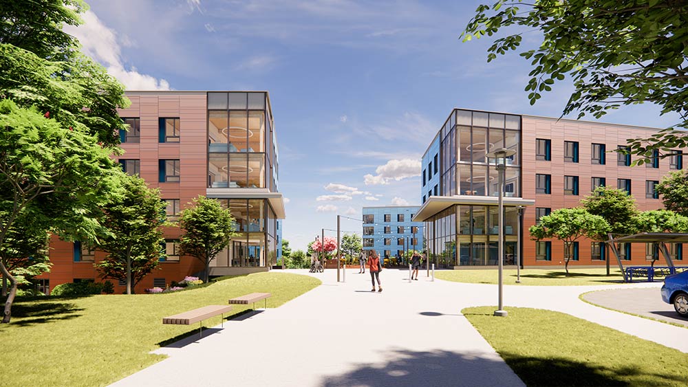 Exterior architectural rendering of new residence hall