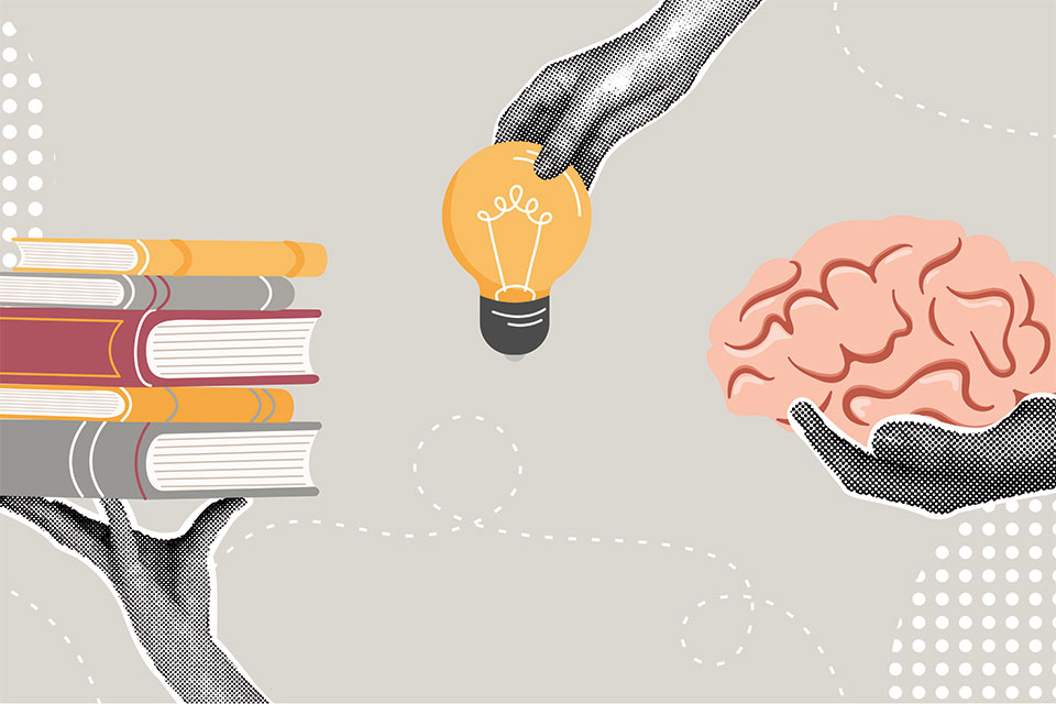 Illustration of a stack of books, a lightbulb and a hand holding a brain