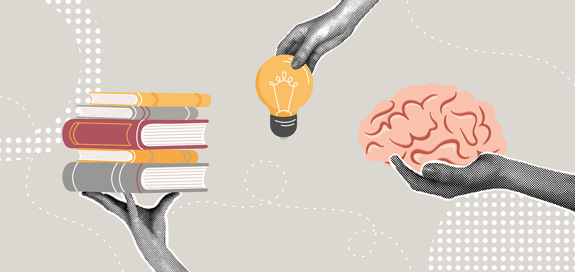 Illustration of a stack of books, a lightbulb and a hand holding a brain