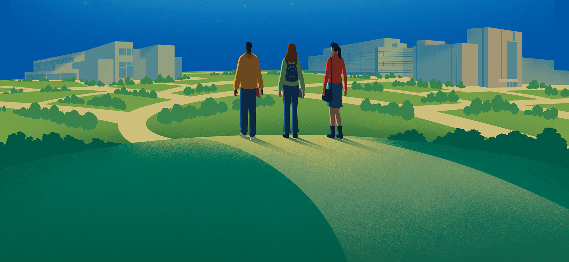 Illustration of three people wearing backpacks walking together on a path toward buildings at a university