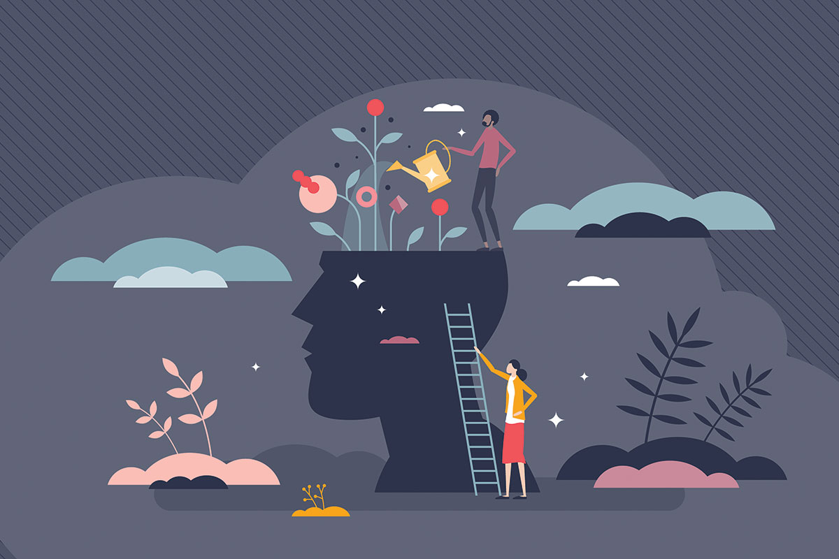 An illustration of two people tending to a garden growing out of a large head.