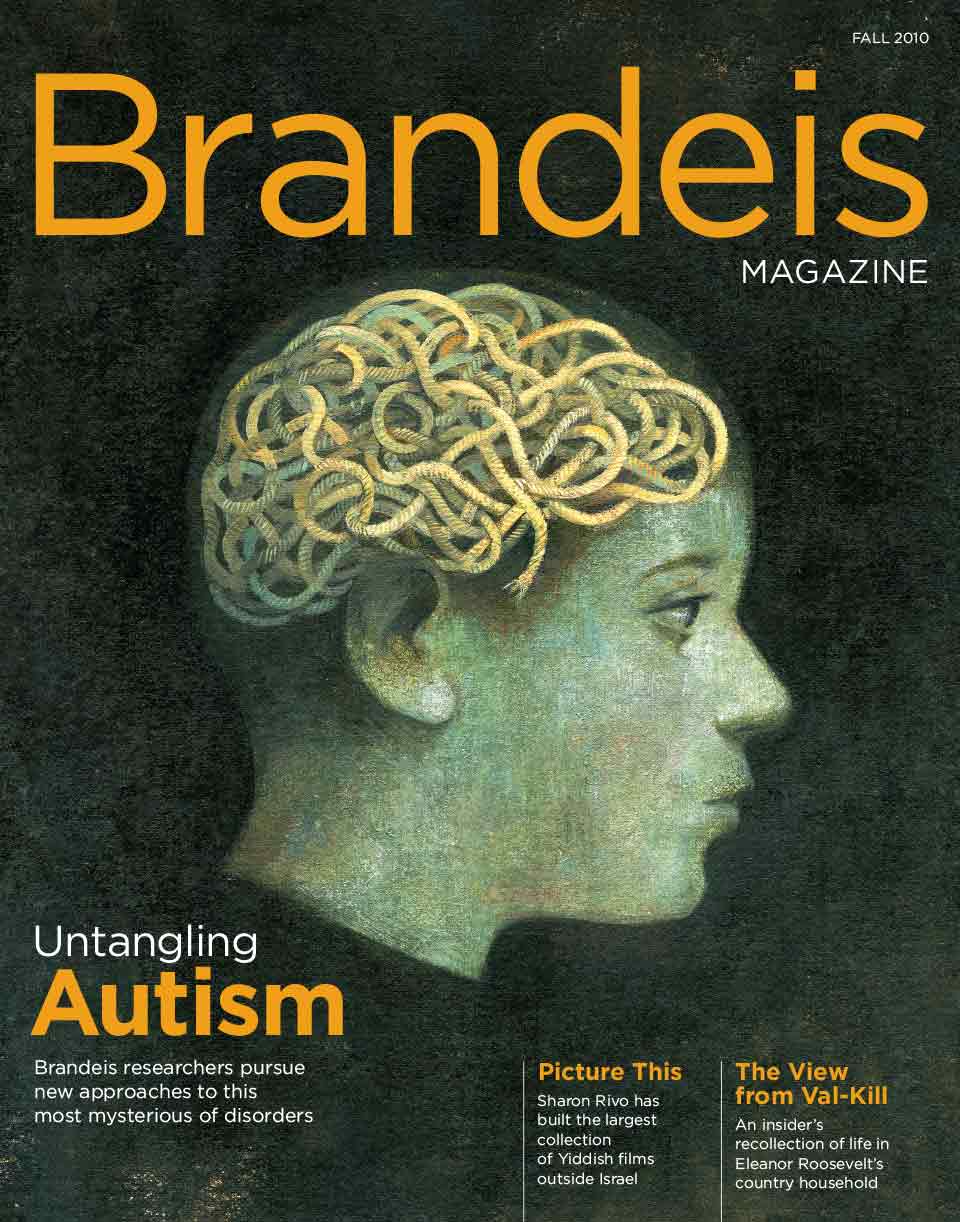 Fall 2010 Brandeis Magazine cover with An illustration of a facial profile with tangled rope in the brain area of the head. There is text that reads “Untangling Autism: Brandeis researchers pursue new approaches to this most mysterious of disorders.”