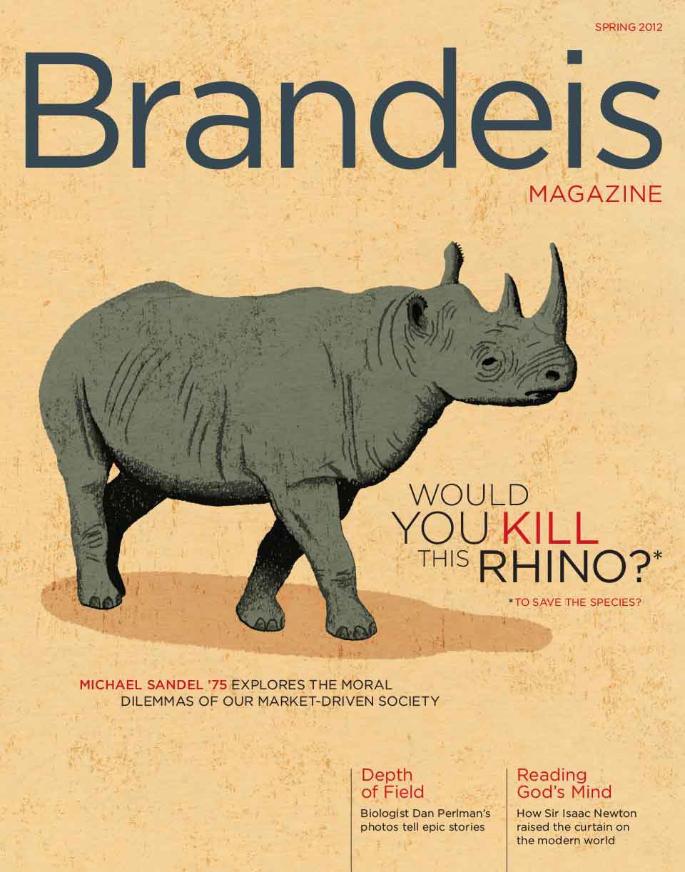 Spring 2012 Brandeis Magazine cover with An illustration of a rhinoceros with text that reads “Would you kill this rhino? To save the species?”