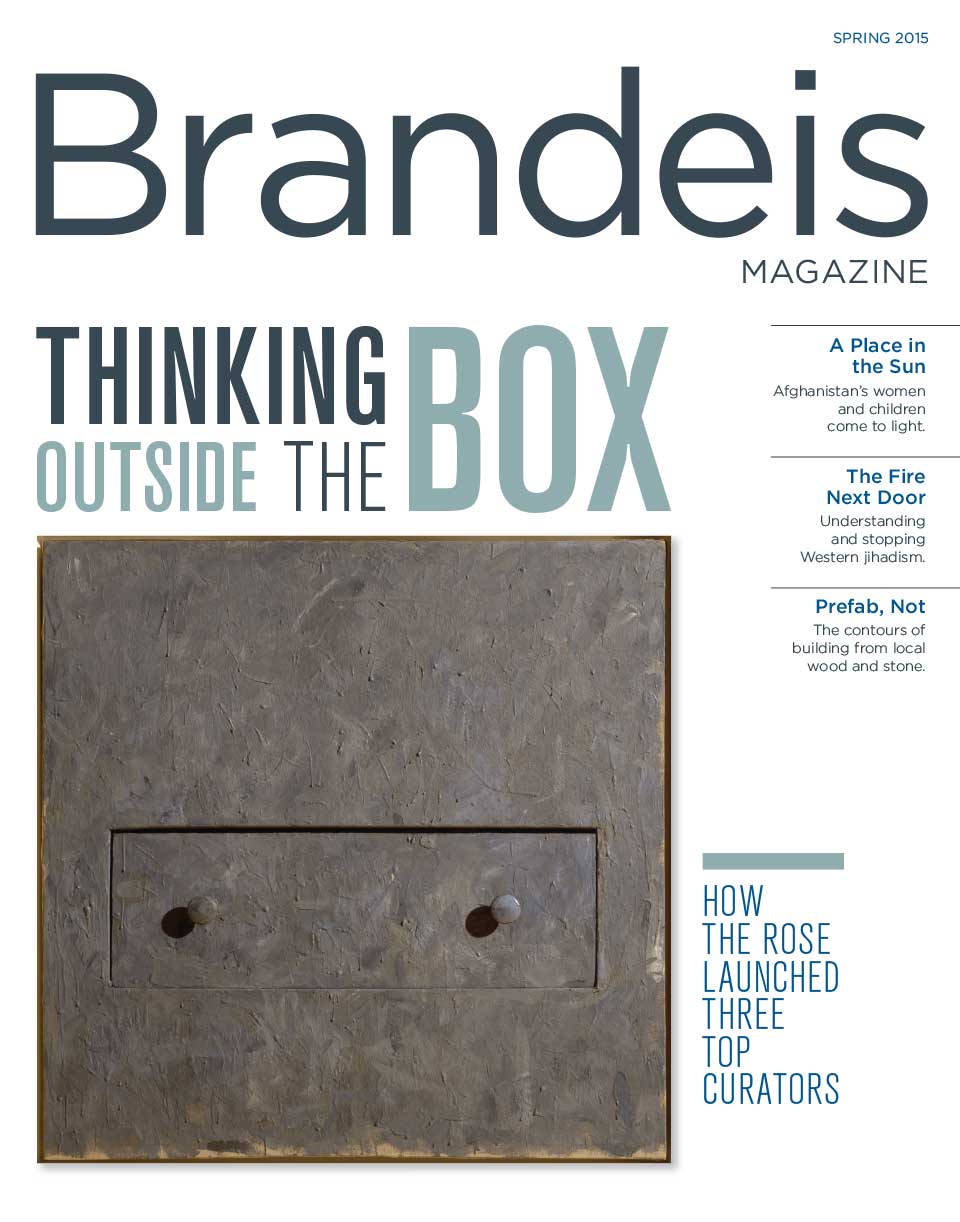Spring 2015 Brandeis Magazine cover featuring  Jasper Johns' square painting titled ‘Drawer,’ and text that reads Thinking Outside the Box