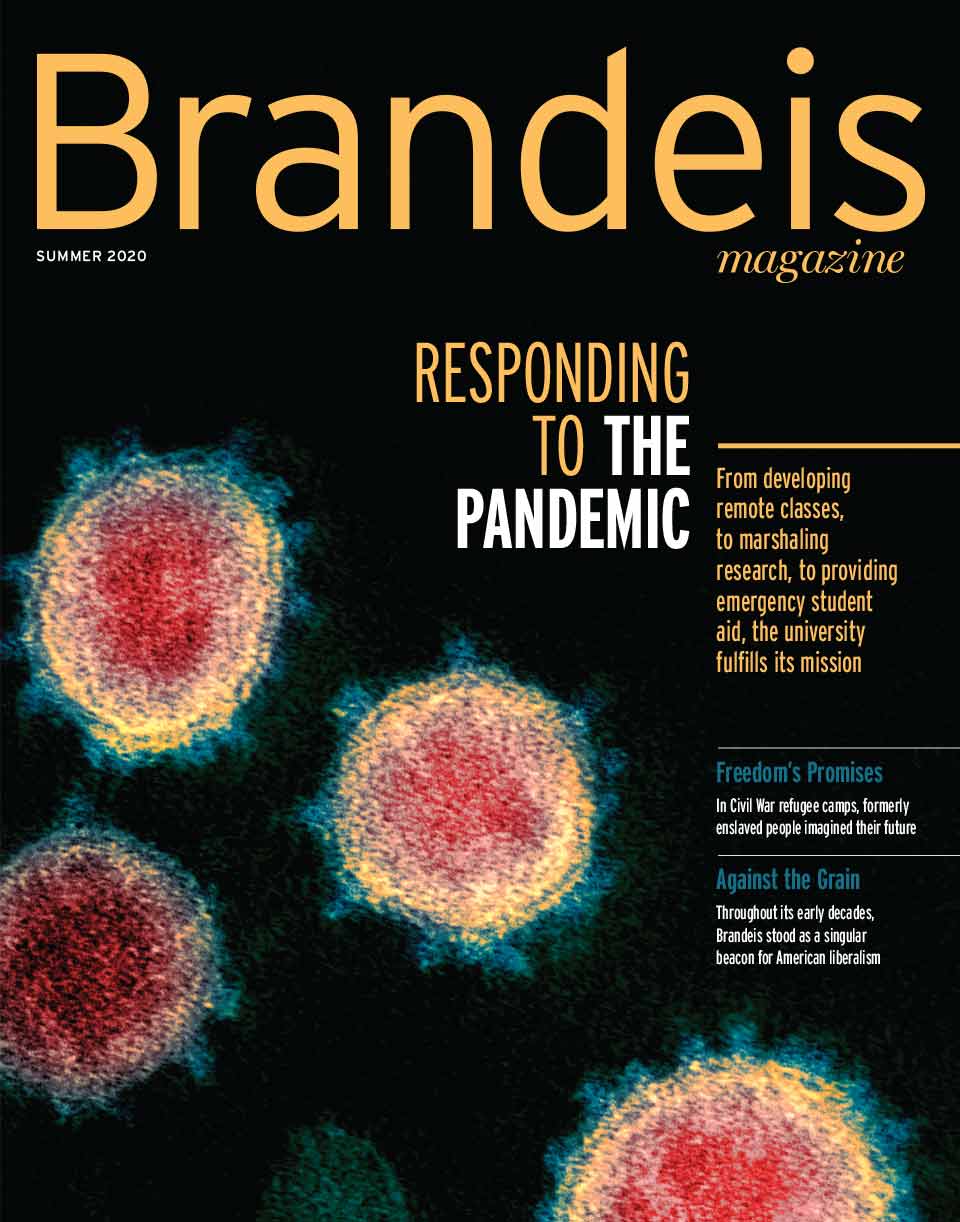 Summer 2020 Brandeis Magazine cover with coronavirus cells and text that reads Responding to the Pandemic