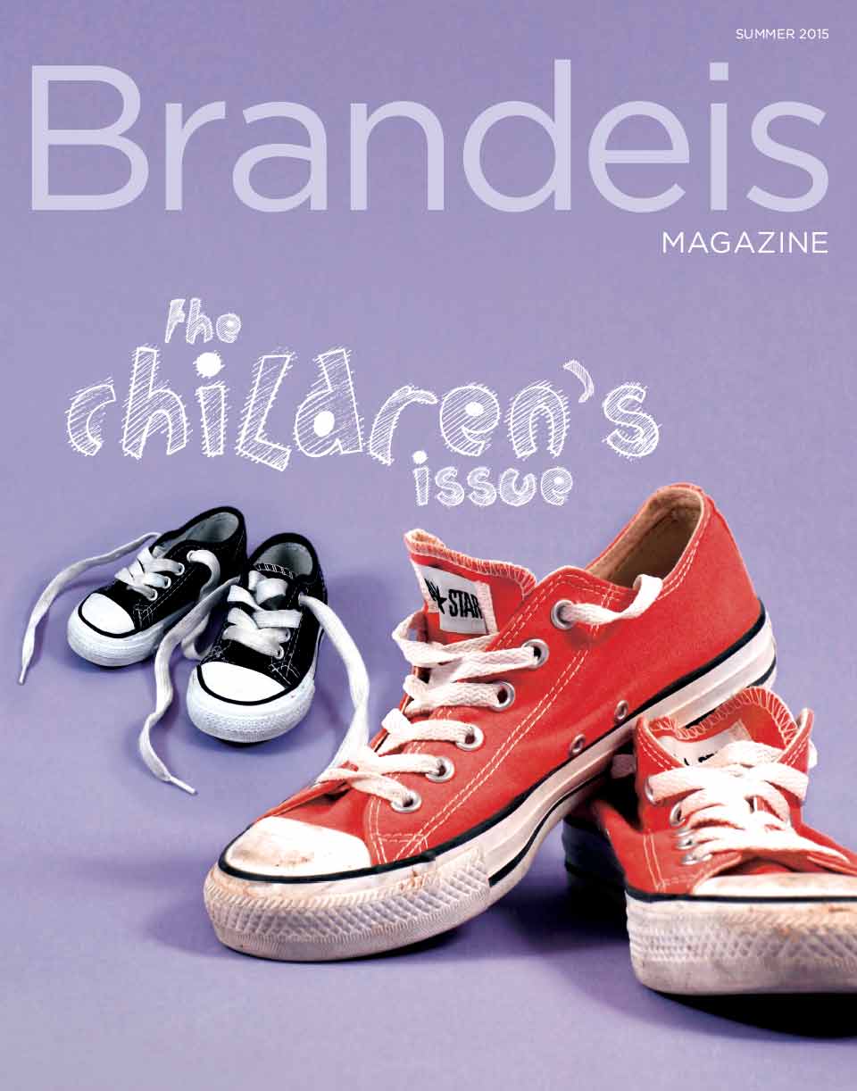 Summer 2015 Brandeis Magazine cover with a photo of small and large shoes and text that reads The Children's Issue