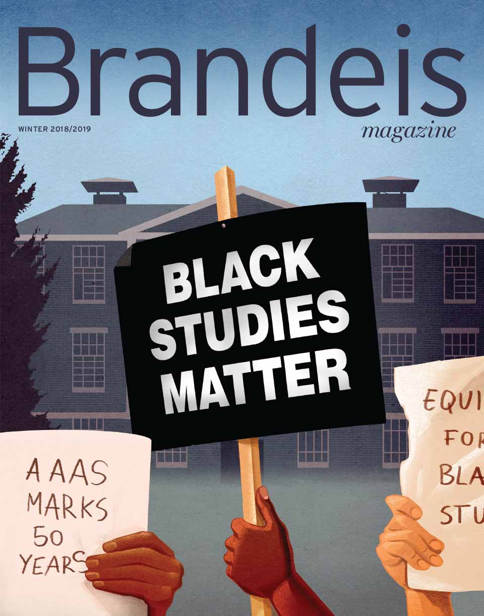 Winter 2018-2019 Brandeis Magazine cover with an illustration of Ford Hall and a hand holding a sign with text that reads Black Studies Matter
