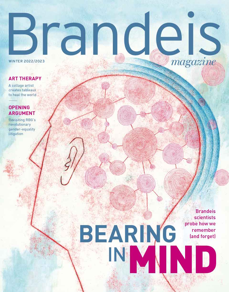 Winter 2022/2023 Brandeis Magazine cover with an abstract head and brain illustration and text reading Bearing in Mind