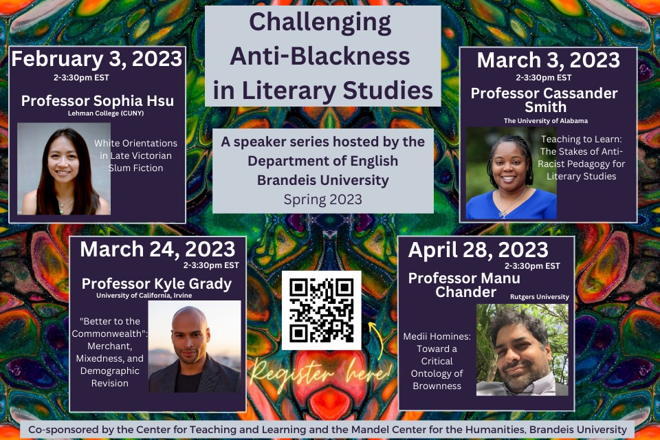 A poster with photos of speakers Professor Sophia Hsu  from CUNY, Professor Cassandra Smith from the University of Alabama, Professor Kyle Grady from UC Irvine, and Professor Manu Chander from Georgetown