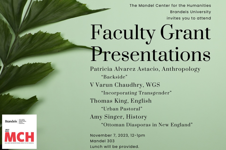Poster with names of presenters and a plant for decoration