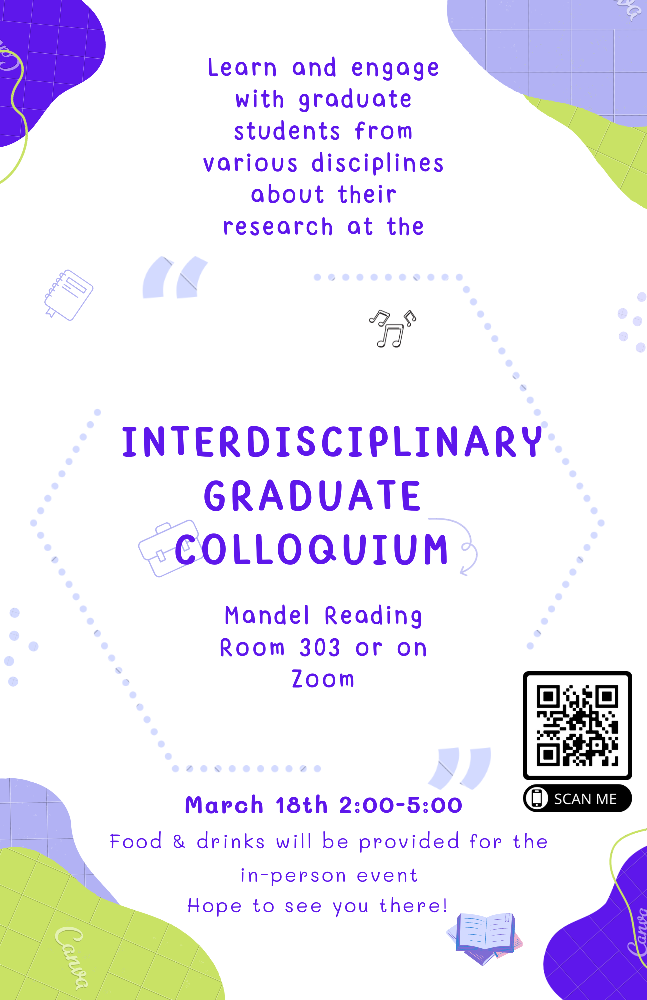 white background with purple splotches and text reading interdisciplinary student colloquium