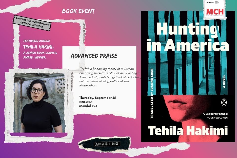 Photo with portrait of Tehila Hakimi, her book cover and notes of advance praise