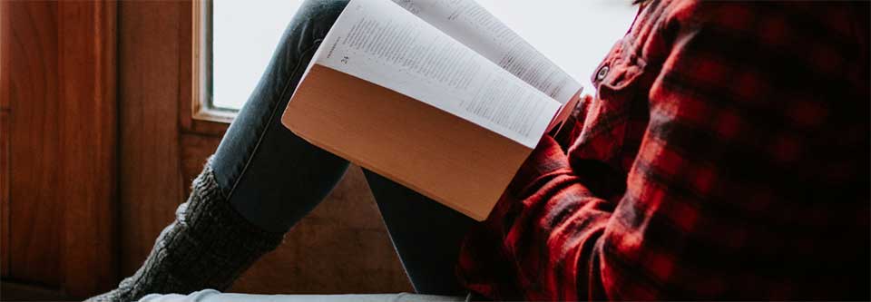 A person in a red plaid shirt reading