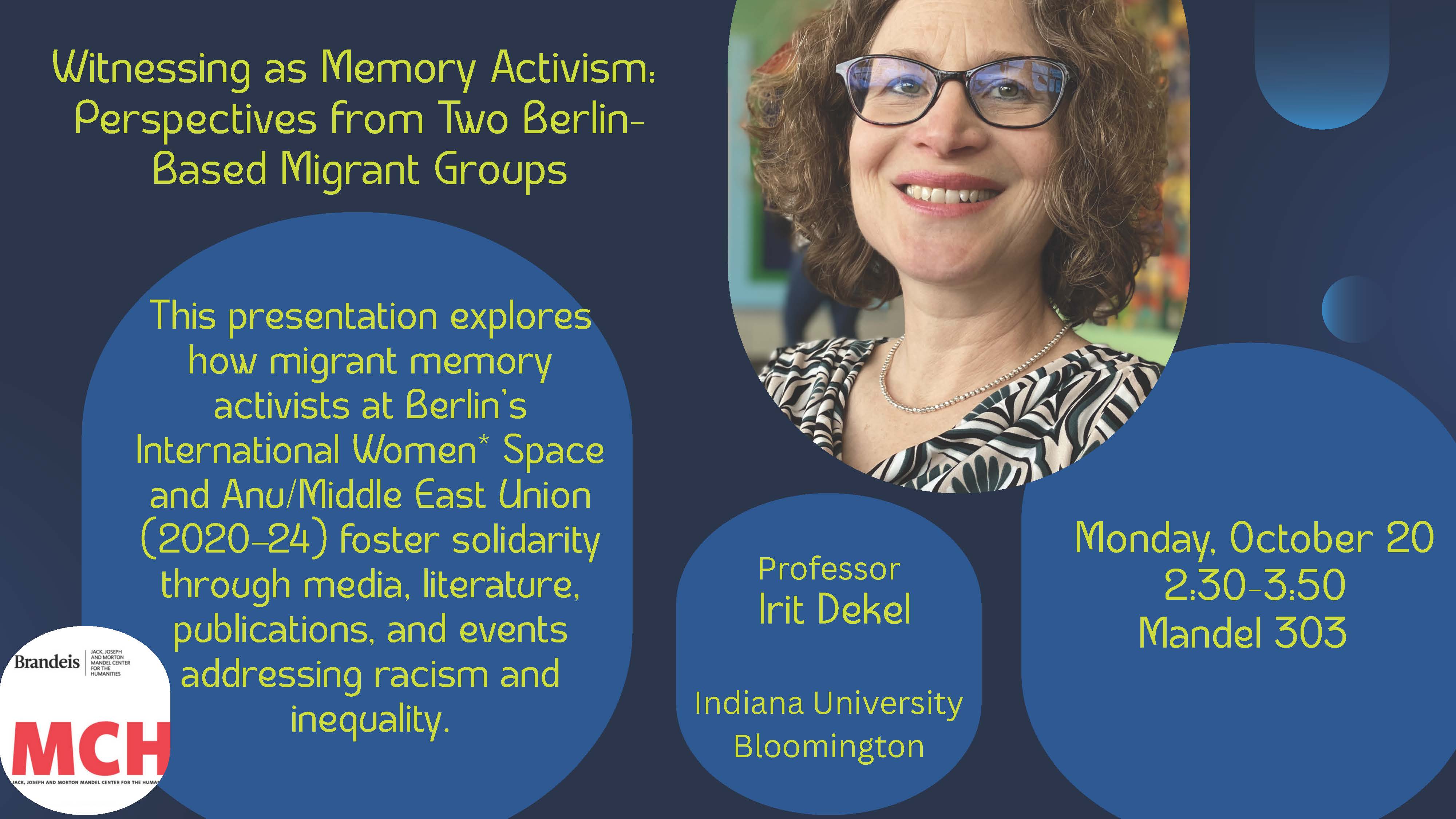 A photo of Irit Dekel with explanation of event details as found to the left