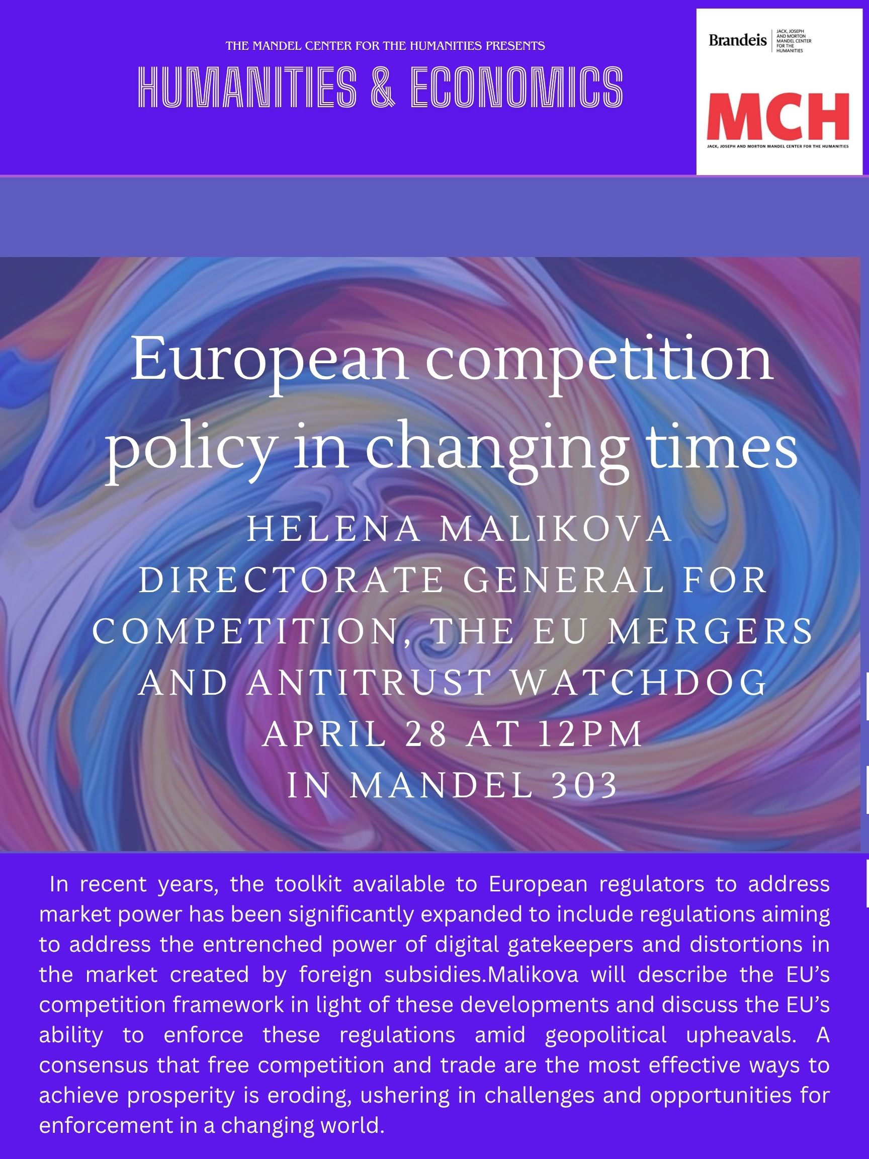 A photo or poster with information about the event and a spiral in the background