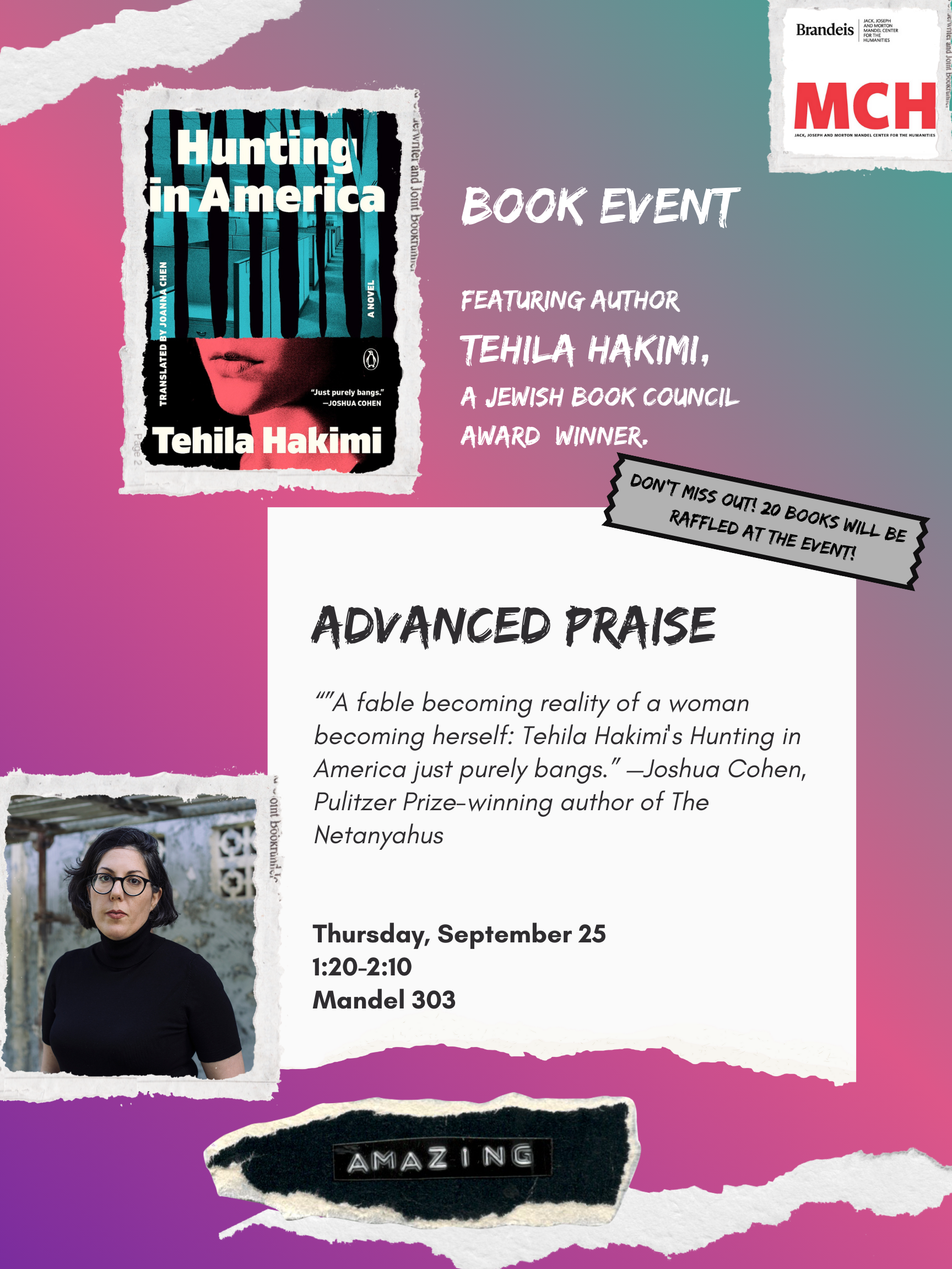 Photo of Tehila Hakimi with details about the event. These details are also listed in column to the right.