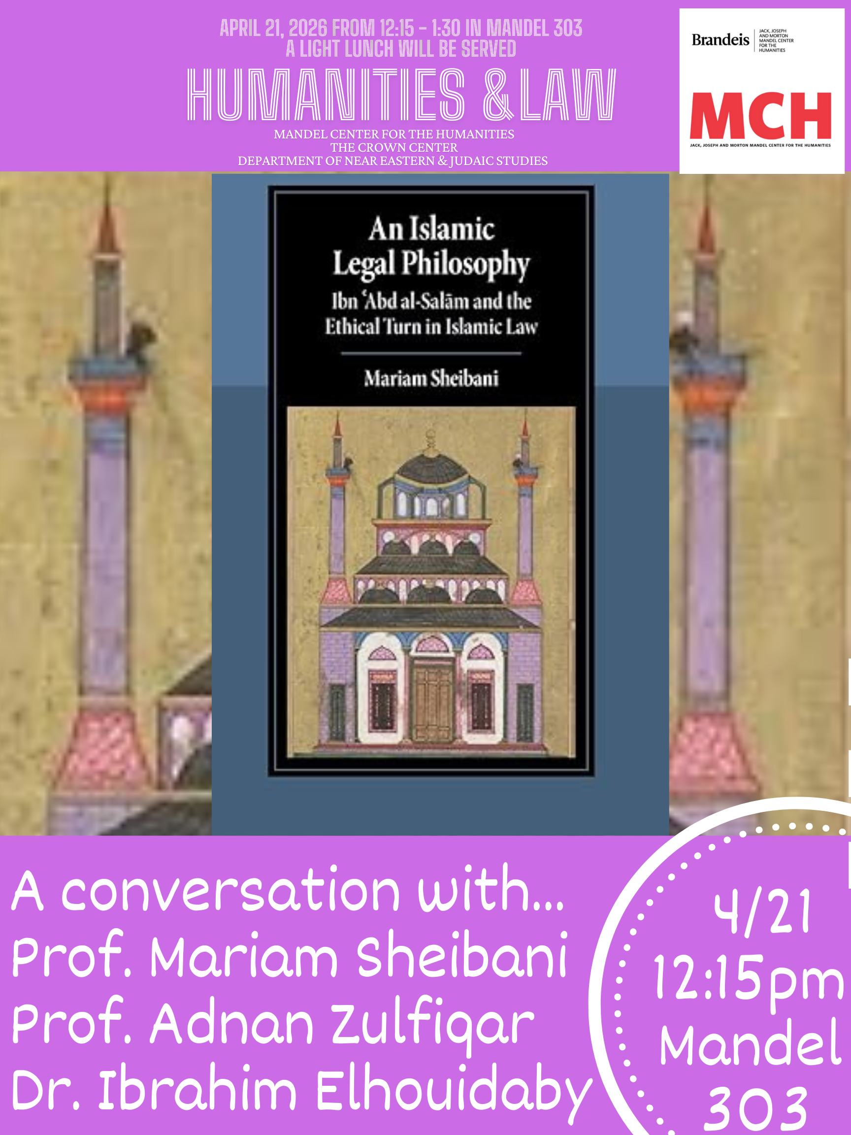 A photo of the book cover (purple with grey minarets) and information about the talk 