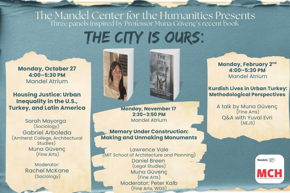 A poster of Muna Guvenc, author of This City is Ours, with information about three events involving her book