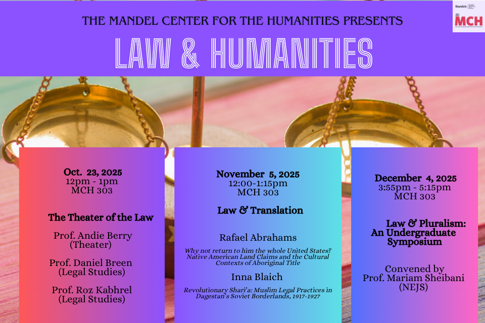 a poster with scales of justice showing three events with info