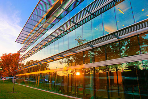 Morning sun colorfully shining on the windows of the Mandel Center.