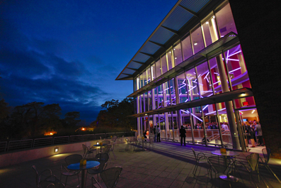 Mandel in Evening with purple light against a blue background