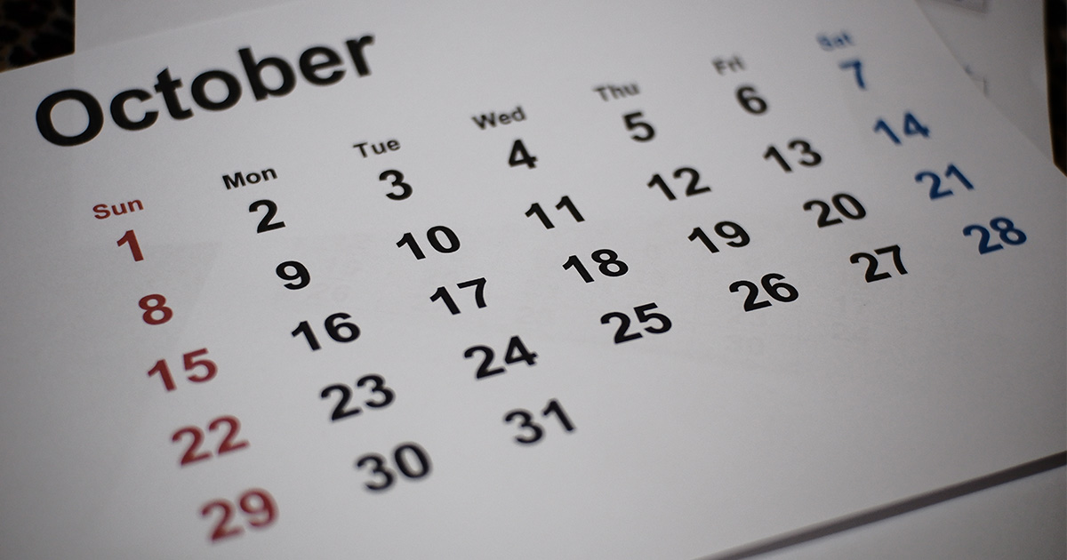 A calendar showing October 2023