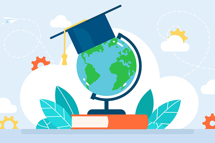 Cartoon image of a globe wearing a graduate cap and surrounded by text books