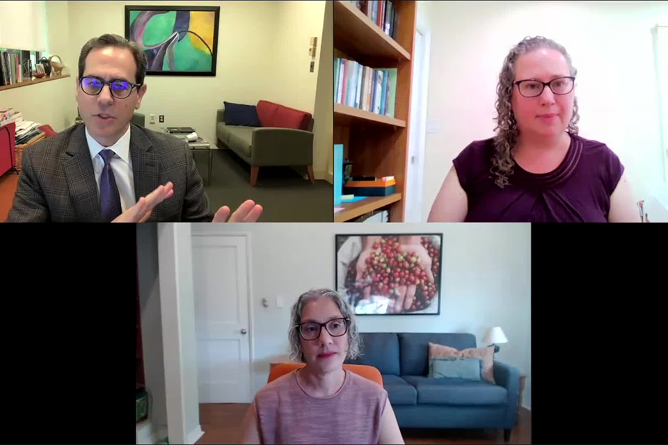 Zoom screen with 3 boxes: Jon Levisohn, Sivan Zakai and Lauren Applebaum