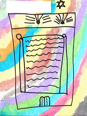 A child's drawing with a rainbow background
