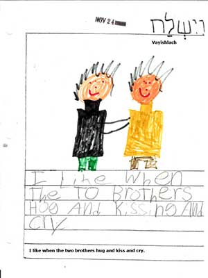 A child's drawing of two people holding hands