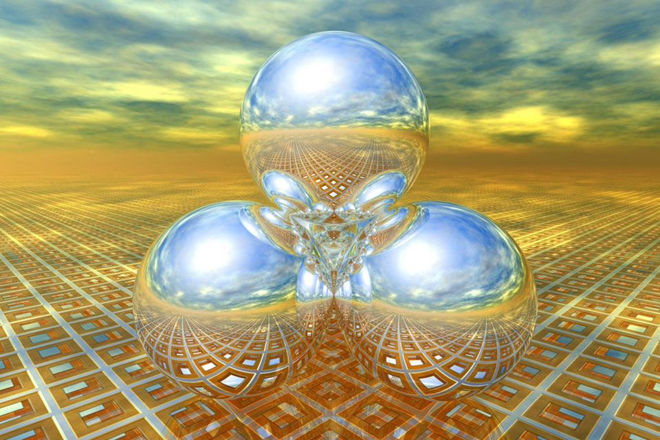 A computer-generated rendering, depicted as three mirrored balls sitting like a pyramid.