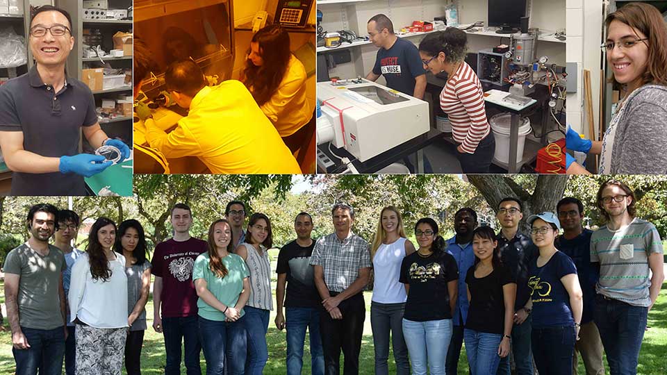 Microfluidics course 2018: a collage of images including 4 pictures of students working in the lab and a group photo.