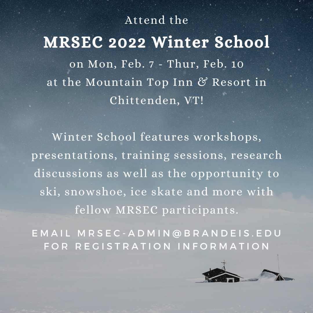 Attend the MRSEC 2022 Winter School on Monday, Feb 7 - Thur, Feb.10 at the Mountain Top Inn & Resort in Chittenden, VT! Winter School features workshops, presentations, training sessions, research discussions as well as the opprotunity to ski, snowshoe, ice skate and more with fellow MRSEC participants. Email mrsec-admin@brandeis.edu for registration information. 