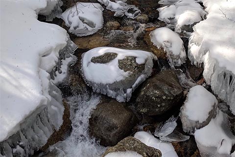 A stream with water flowing through snow covered woods and rocks.