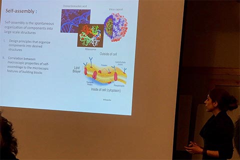 Participant presenting.  Slide text says: Self-assembly is the spontaneous organization of components into large-scale structures. I. Design principles that organize components into desired structures. II. Correlation between macroscopic properties of self-assemblage to the microscopic features of building blocks.  Upper group of pictures titled “Outsied of cell”. Pictures are labeled Deoxyribonucleic acid, ribosome and virus capsid. Lower illustration titled Inside of cell (cytoplasm with parts of the picture labelled as Lipid bilayer, porteins, carbohydrate chains, transport protein and phospholipids.