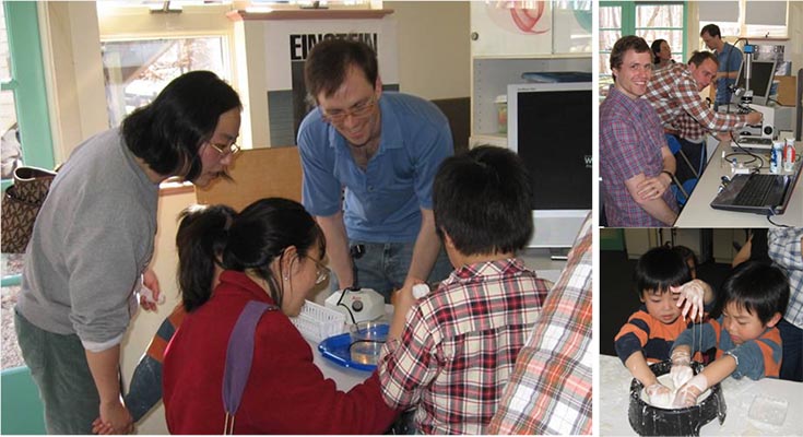 2 pictures of Brandeis researchers engaging with visitors in hands-on activities, and one picture of 2 young boys with their hands in a bowl of a white goopy substance.