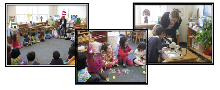 Left: Elementary school children sitting on the floor in a circle with a MRSEC researcher wearing a Dr. Zeuss hat, reading "Horton Hears a Who." Middle: Five girls sitting in the circle with a variety of materials for making a model of a cell.  Right: two boys looking through a microscope with a teacher talking to them.
