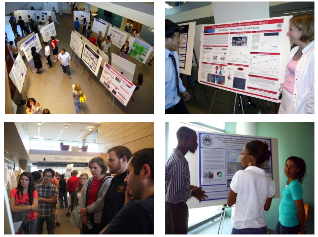 Upper Left: Aerial view of a poster session.  Upper Right: 2 people discussing a poster.  Lower Left: a group examining a poster. Lower Right: A student talking to 2 other people about his poster.