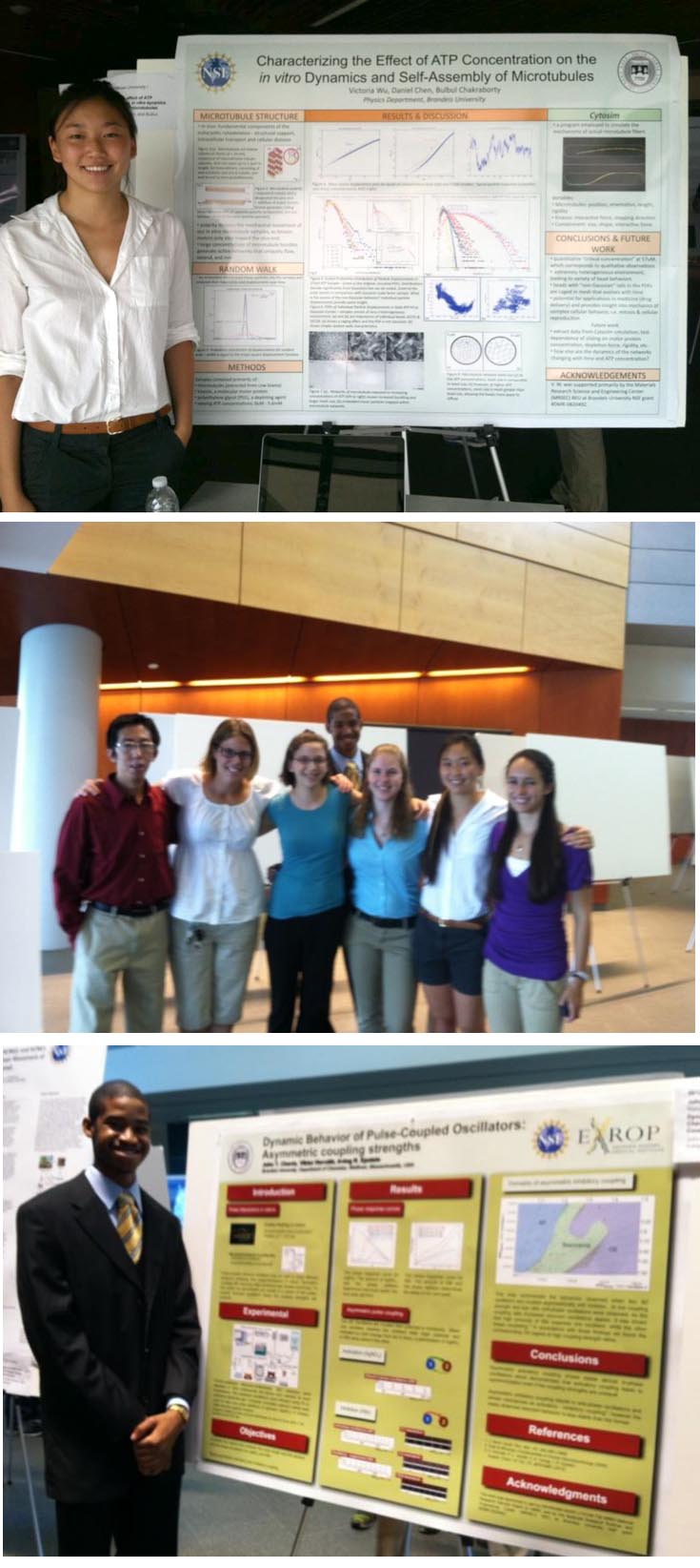Top: Student standing with her poster titled "Characterizing the Effect of ATP Concentration on the in vitro Dynamics and Self-Assembly of Microtubules. Middle: Student with his poster. Bottom picture: Group picture of the six REU students at the research symposia.
