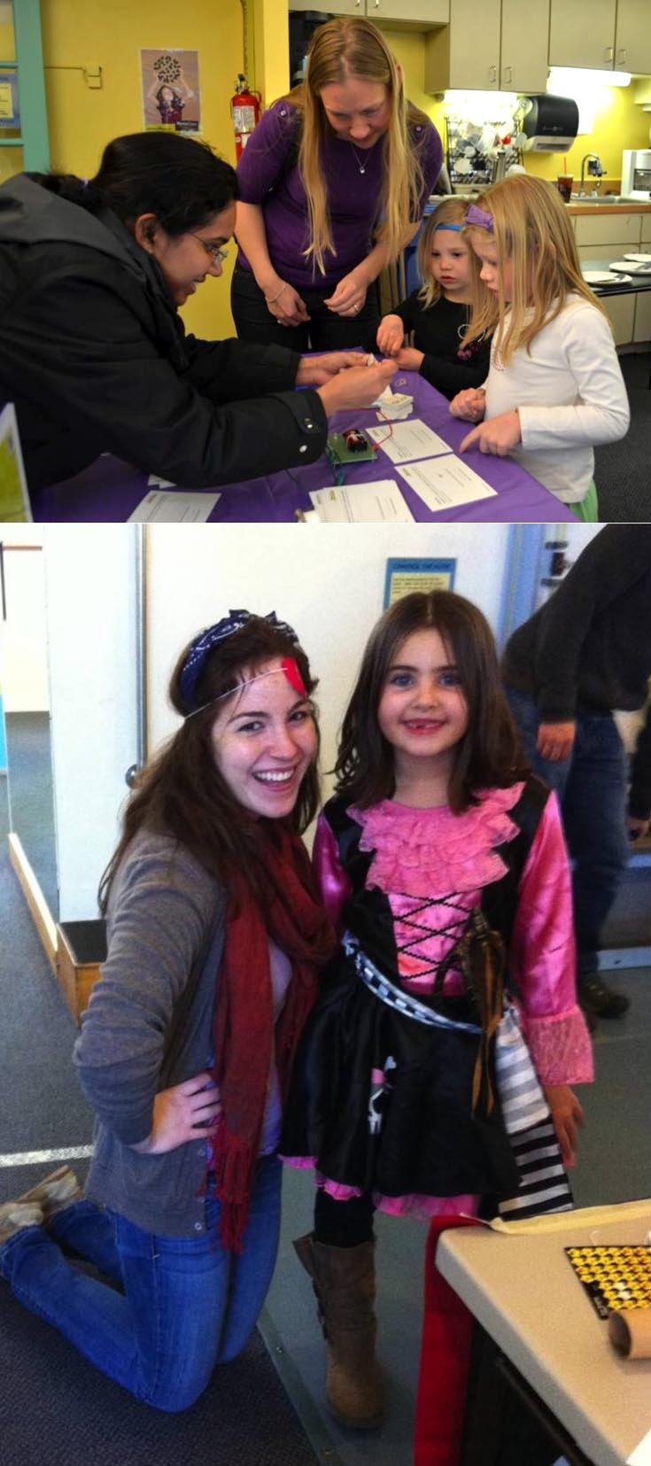 Two young girls and their mom watching a MRSEC researcher demonstrate a pirate themed activity. Bottom: A MRSEC researcher posing for a picture with a young girl in a pirate costume.